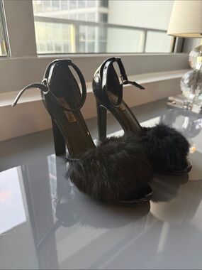 Cape Robbin Black Faux Fur Ankle-Strap High Heels